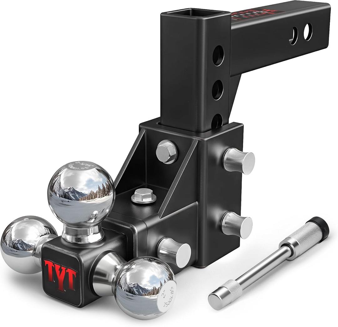 TYT Adjustable Tri-Ball Trailer Hitch for 2 inch Receiver, 5" Drop/Rise, Triple Balls (1-7/8", 2", 2-5/16"), 10,000 lbs GTW, 1,000 lbs TW, Includes Hitch Pin Lock & Tri Pins
