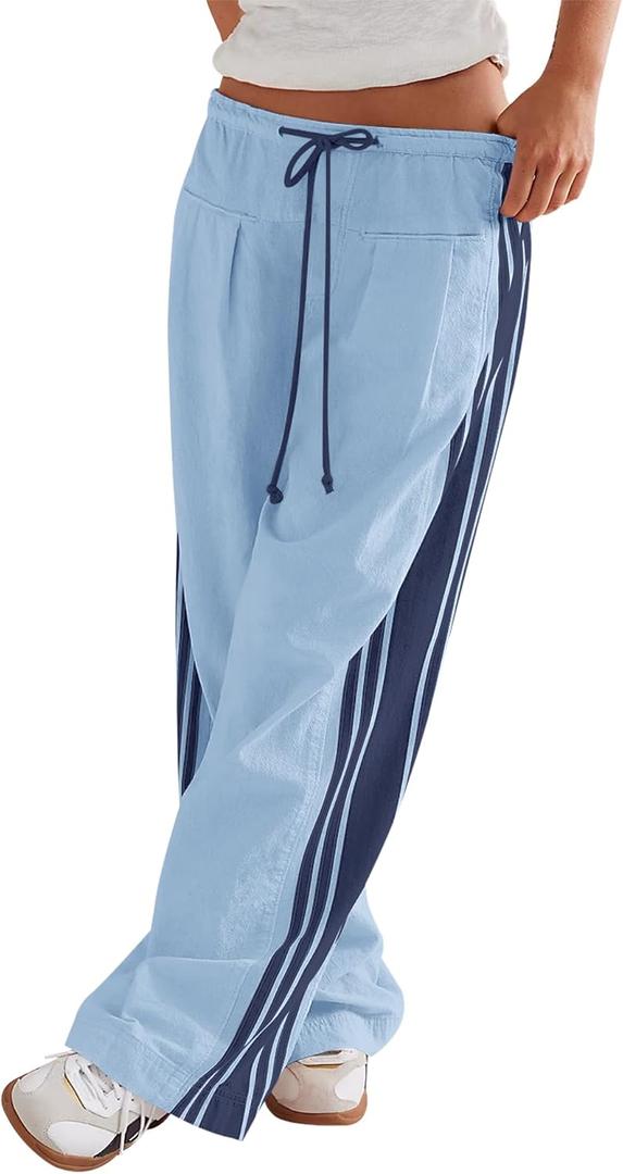 LOMON Pants for Women Wide Leg Side Striped Pants Drawstring Baggy Palazzo Work Trousers with Pockets