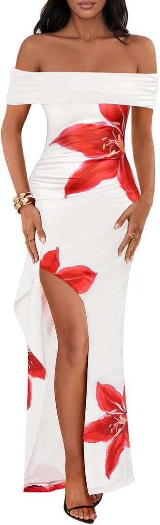 MEROKEETY Women's Floral Off Shoulder Maxi Dresses 2026 Summer High Split Cocktail Wedding Guest Dress (White, L)