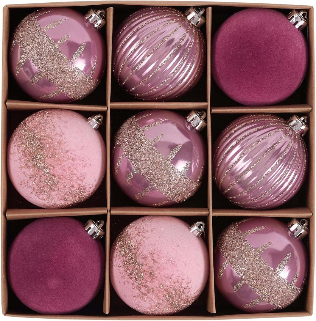 DecorbyHannah Velvet Christmas Ornaments, 9ct 3.15 inches Large Pink Ball Ornaments for Christmas Tree Decorations Set, Shatterproof Plastic Hanging Balls Bulk for Xmas Home Indoor Party Table Decor
