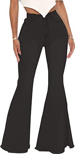 Bell Bottom Jeans for Women Vintage High Waisted Ripped Hole Raw Hem Denim Flare Jeans Pants, XXL, Black