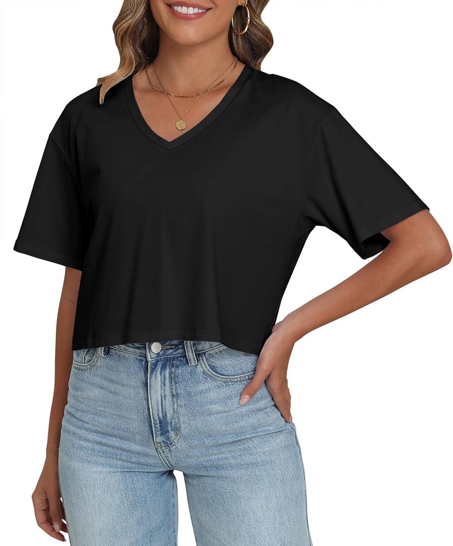 PRIMODA Women's Oversized Crop Tops Boxy V Neck Short Sleeve Cropped T Shirts Loose Summer Workout Crop Tee Tops (Large, Black)