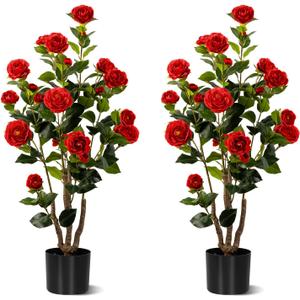 Artificial Camellia Tree 2 Pack, Artificial Plants Outdoor Faux Floral Plant in Cement Pot Fake Red Silk Camellia Tree Plants for Home House Living Room Office Decor (Red (2 Pack))