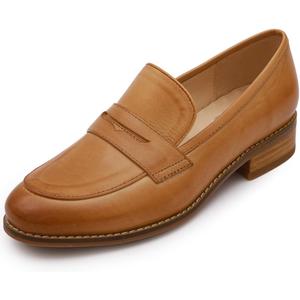 Mona flying Women's Comfort Leather Round Toe Penny Loafers Dress Casual Slip On Flats Ladies Office Work Shoes (8, Brown)