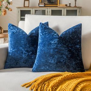 Set of 2 Navy Blue Decorative Velvet Throw Pillow Covers 20x20 Inches, Soft Neutral Accent Pillow Cases with Vintage Textured Farmhouse Couch Cushion Covers for Luxurious Home Decor