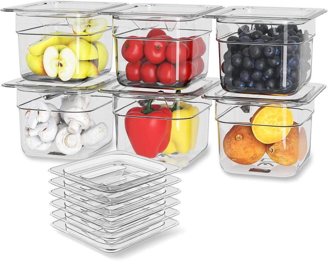 6 Pack Plastic Food Pan with Lid 1/6 Size 4 Inch Deep Restaurant Clear Food Storage Containers with lids Polycarbonate Commercial Hotel Pans for Fruits Vegetables Beans Corns (6 PCS, 4'' Deep)