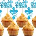 36Pcs God Bless and Cross Cupcake Toppers with Dove Glitter First Communion Baptism Cupcake Picks Decorations for Christian Baptism Theme Boys Girls Birthday Party Supplies Blue