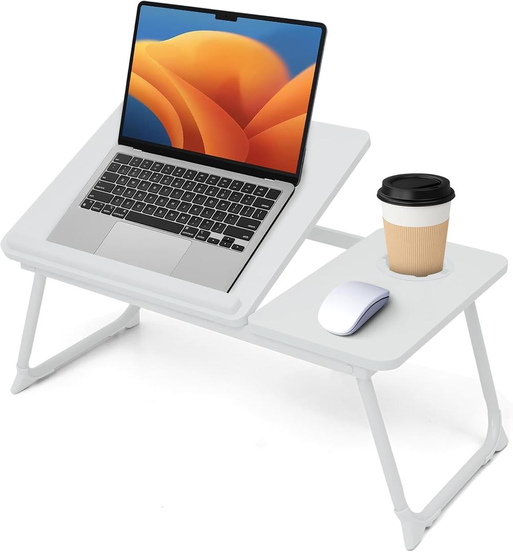 Lap Desk for Couch/Sofa/Floor, 5-Angle Adjustable Bed Desk with Foldable Legs &Cup Holder, Light Weight Bed Tray Table for Writing/Eating/Reading, Portable Laptop Stand for Adults, Kids (White)