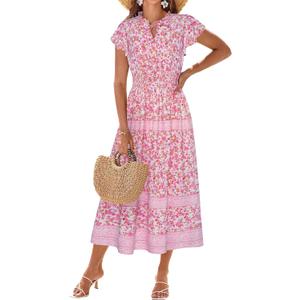GRACE KARIN Women's Floral Boho Dress Hawaiian Dresse Short Sleeve V Neck Summer Beach Wedding Guest Swing Maxi Sundress (Large, Pink Little Floral)