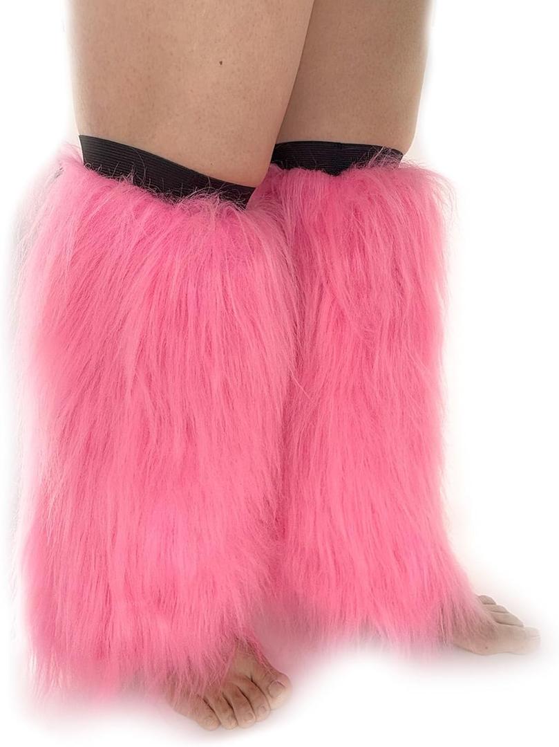 FHQHTH Fuzzy Faux Fur Leg Warmers Fur Heels Long Boots Cuff Cover has Elasticity One Pair Dionysia Boot cover Carnival 18" [Pink, Large]