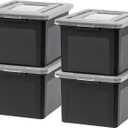 IRIS USA File Box, Plastic File Organizer with Lids for Letter/Legal File, Portable Document Box For Moving, Storage Bin with Durable and Secure Lid, Stackable Nestable BPA-Free, Black 35 Qt. 4 Pack