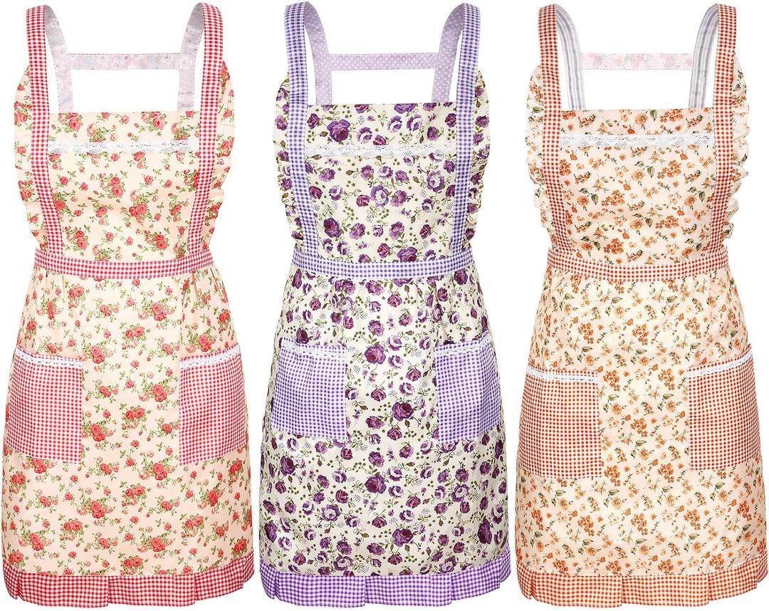 Syhood 3 Pieces Women Floral Aprons with Pockets Flower Kitchen Cooking Aprons with Adjustable Strap Waterproof Resistant Apron for Kitchen Cooking Baking Gardening Household Cleaning Supplies