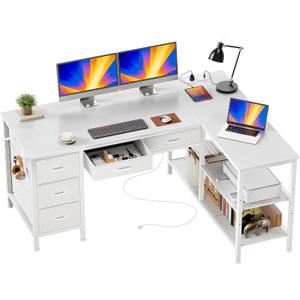 PRAISUN 47 Inch L Shaped Desk with Power Outlets, 5 Fabric Drawers
Reversible Computer Desk with Shelves, USB-C Port, Large Corner Office Desk for Gaming Writing Work Study, White