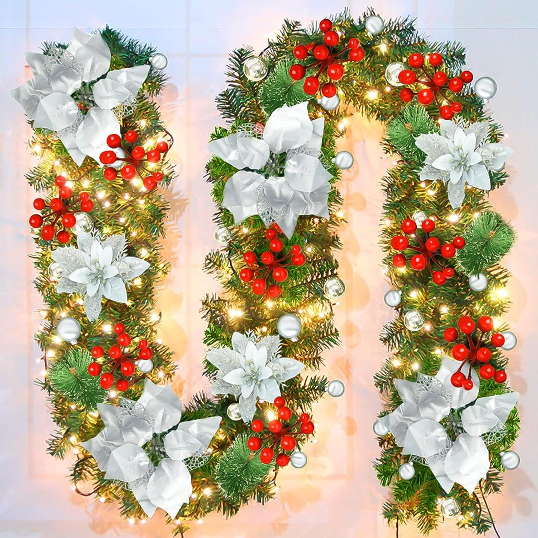 Pre-lit Artificial Christmas Garland, Green Rattan with Silver Flower Decorations and Battery Operated LED Lights for Home Stairs Fireplace Front Porch Door Display Indoor Outdoor Christmas Decor -9FT