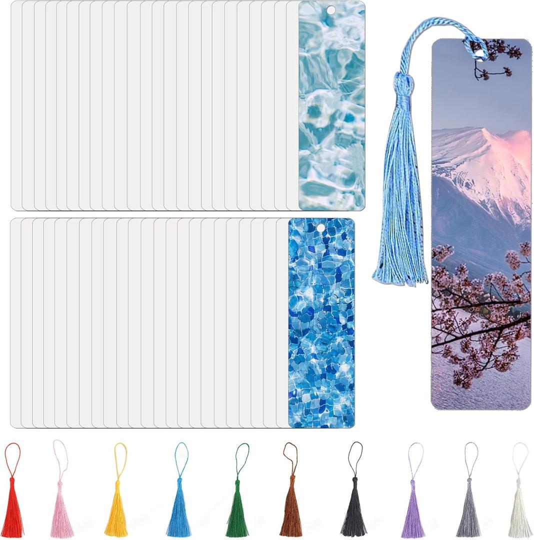 50 Pcs Metal Sublimation Bookmarks Double Sided, 6"x1.5" Sublimation Bookmark Blank Bulk Aluminum Sublimation Blanks DIY Bookmarks with Hole and Colorful Tassels for Crafts Gift 0.45mm Thick