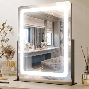 PRIMETEK Vanity Mirror with Lights, 19"x22" Large Makeup Mirror with Lights, LED Lighted Makeup Mirror, Touch Screen with 3-Color Lighting, Dimmable for Vanity Desk Tabletop, Bedroom, Black