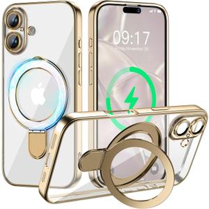 Magnetic for iPhone 17 Case with Invisible Stand[Compatible with MagSafe][Full Camera Lens Protector][Military Drop Protection] Shockproof Not Yellowing Clear Slim Soft for Women Men (Gold)