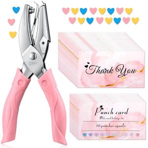 Honoson Punch Card and 100 Pieces Reward Punch Card, Handheld Kit, Single-Hole Paper Metal Piercer with Soft Grip, Home Office Supplies, Clothing Ticket Scrapbook Piercer Tool(Fresh)