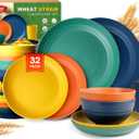 Teivio 32-Piece Kitchen Plastic Wheat Straw Dinnerware Set, Service for 8, Dinner Plates, Dessert Plate, Cereal Bowls, Cups, Unbreakable Colorful Plastic Outdoor Camping Dishes, Autumn Multicolor