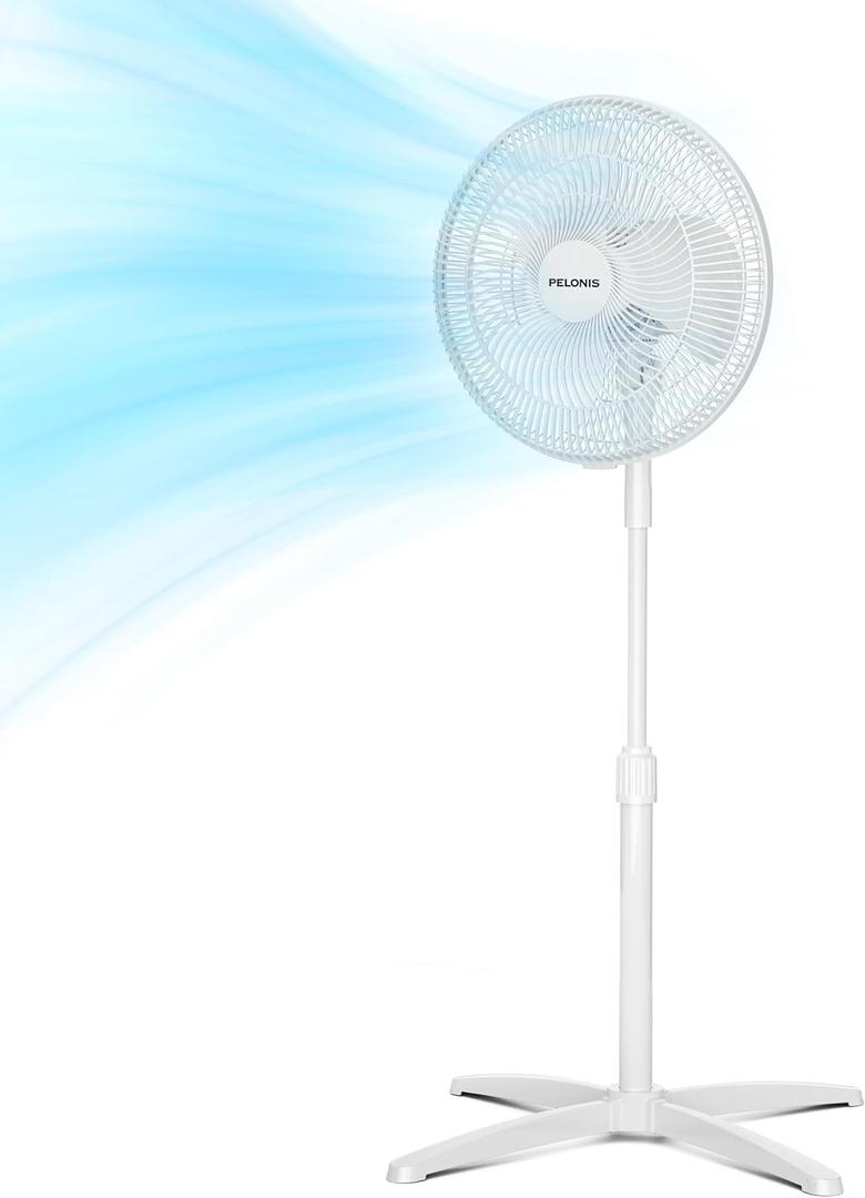 PELONIS 16 inch Pedestal Fan for Bedroom, Oscillating Fan, 3-Speeds, 90 Oscillation, Adjustable Height, Floor Fan, Standing Fan for Living Room, Kitchen, and Home office, White