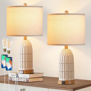 Table Lamps for Bedroom Set of 2, Farmhouse 3-Way Dimmable Touch Lamp for Nightstand with 2 USB Charging Ports, White Vintage Boho Bedside Lamp for Living Room End Table (Bulbs Included) (Cream)