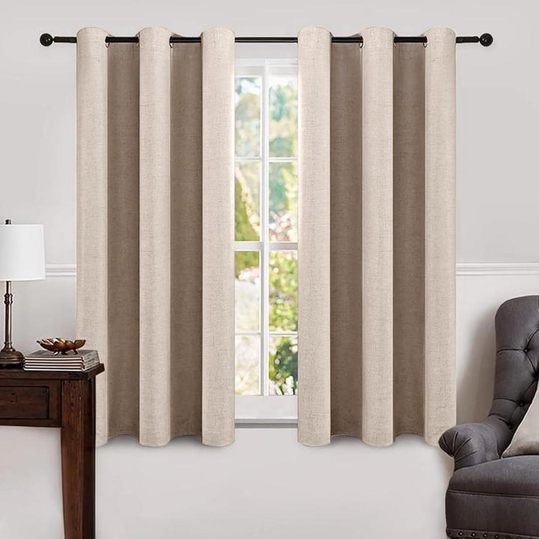 MIULEE Linen Texture Curtains Soild 100% Blackout Thermal Insulated Natural Beige Curtains Grommet Room Darkening Drapes for Living Room Bedroom Nursery 42 x 63 (2 Panels)