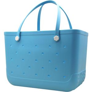 X-Large Waterproof Sandproof Rubber Beach Tote Bag with Zipper Pocket and Phone Kickstand Cup (Light Blue)