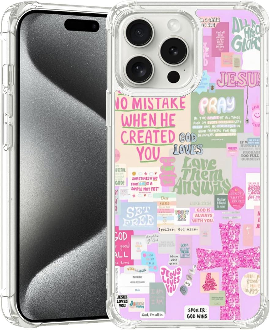 Classic Religious Sayings Phone Case Fit for iPhone 15 Pro — Wireless Charging Pink Aesthetic Cross God Jesus Phone Cover Gift for Boy Girl Men Women