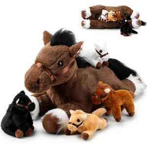 Lenwen 5 Pcs Horse Stuffed Animals 18 Inches Large Mommy Horse Plush with 4 Babies in Zippered Belly Nurturing Plushie Toy Set Gifts for Boys Girls Birthday Gift Derby Party Favors(Adorable)