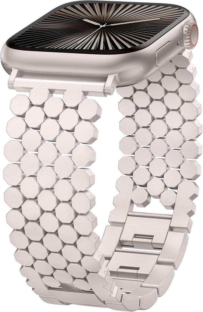 Minyee Compatible with Apple Watch Band Women 41/40/38/44/45/46/49/42mm, Dressy Honeycomb Pretty Adjustable Metal Designer Classy Wristband for iWatch Series 11 10 9 8 7 6 5 4 3 2 1 Ultra SE (Starlight)