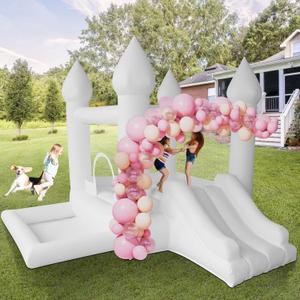 AKSPORT White Bounce House Castle Inflatable Jumping Castle with Slide & Air Blower for Kid, Wedding, Birthday Party Castle, 9 * 9 * 7FT AKSPORT White Bounce House Castle Inflatable Jumping Castle with Slide & Air Blower for Kid, Wedding, Birthday Party Castle, 9 * 9 * 7FT