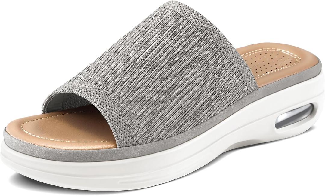 mysoft Women's Comfortable Slide Sandals Air Cushion Knit Slip On Wedge Lightweight Walking Sandals Platform Summer Shoes (6 Wide, Grey)