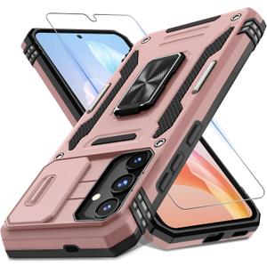 DEERLAMN Case for Samsung Galaxy S25 Plus/S24 Plus 6.7-Inch with Slide Camera Cover+Screen Protector(1 Pack), Rotated Ring Kickstand Military Grade Shockproof Protective Cover-Rose Gold