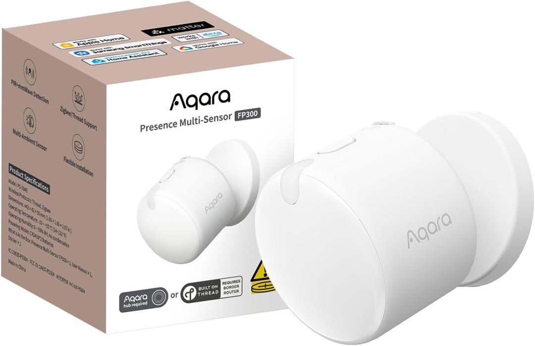 Aqara Presence Sensor FP300 Wireless 5-in-1 Motion Sensor with mmWave, PIR, Light, Temperature & Humidity Detection, Thread & Zigbee, Supports HomeKit, Home Assistant, Alexa, Google Home