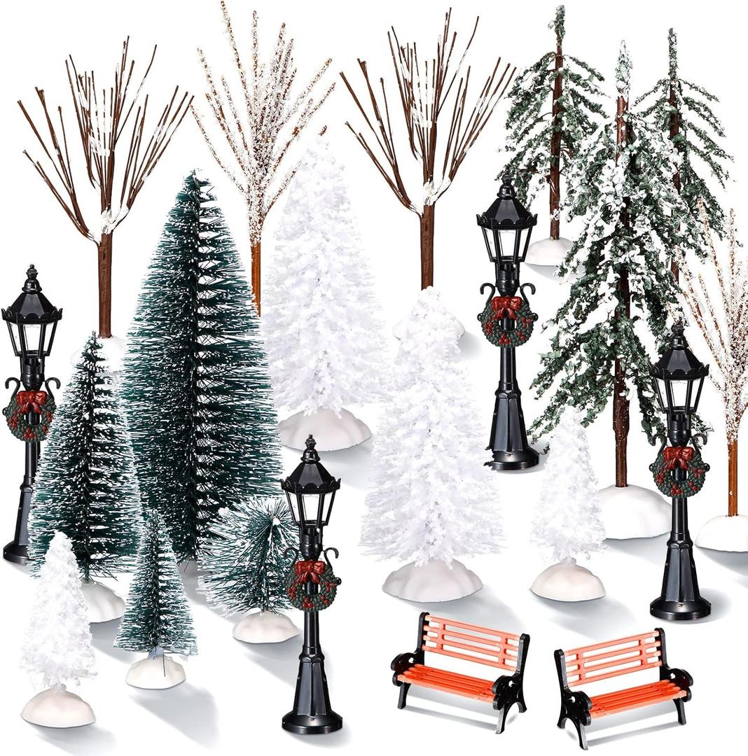 Aoriher 28 Pieces Mini Artificial Christmas Tree Set 22 Frosted Christmas Pine Trees and Snow Covered Village 4 Xmas Street Lamp Post and 2 Miniature Park Bench Seat