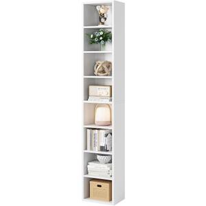 Bamjoy 71 Inches Tall Narrow Bookshelf, 8-Tier CD DVD Slim Media Tower Rack, Corner Bookcase with Adjustable Shelves, Skinny Cubes Bookshelves for Home Office Small Space, White, 11.6" Width