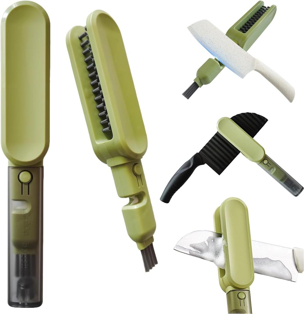 Knife Blade Brush with Long Handle and Lid Integrate Knife Sharpener and Gap Cleaning Brush, Double Side Bristle Scrubber for Kitchen knife Blade Chopsticks Dish Cutlery Fork Spoon's Washing
