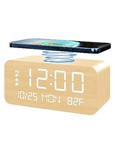 JALL Digital Alarm Clock, with Wooden Electronic LED Time Display, 3 Alarm Settings, 10W Wireless Charging, Day of The Week, Temperature Detect, Wood Made Digital Clocks for Office, Bedroom, Yellow