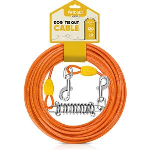 Petbobi Dog Tie-Out Cable 20ft - Heavy-Duty 4mm Metal Cable up to 120lbs, Shock Spring & 360 Swivel Clips, for Yard Camping, Small Medium Large Pets, Orange