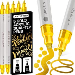 ARTISTRO 5 Gold Precision Dual-Tip Acrylic Paint Markers  Paint Pens Set with Dot & Fine Tips for Fabric, Rock, Glass, Wood, Coloring Books  Classroom & Art Supplies Gift Teacher Appreciation Gift