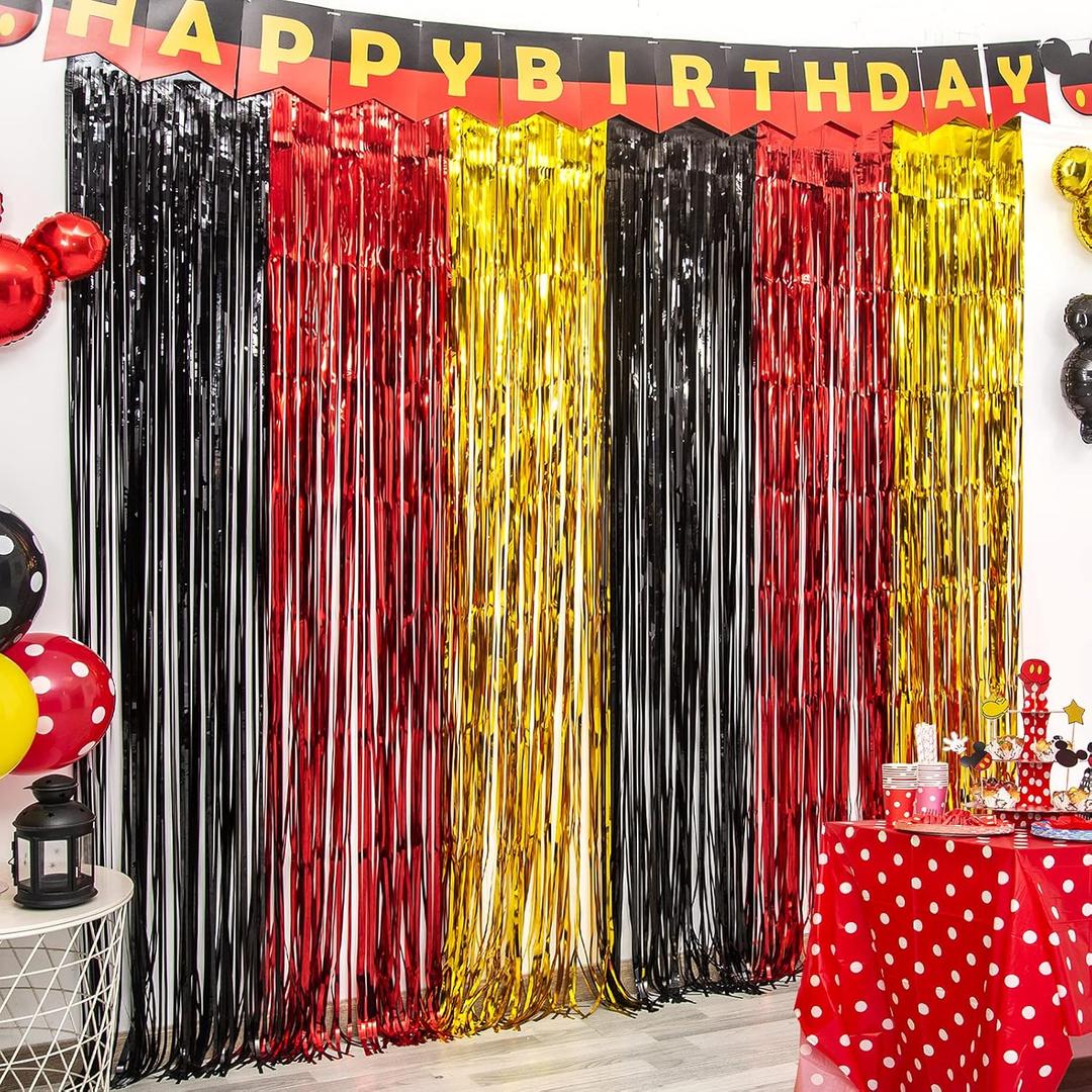 LOLStar Cartoon Mouse Birthday Party Supplies,5 Packs of 3.3x6.6 ft Black Red Gold Tinsel Foil Fringe Curtains, Cartoon Photo Booth Prop Streamer Backdrop, Birthday Party Decorations for Toddlers Kids
