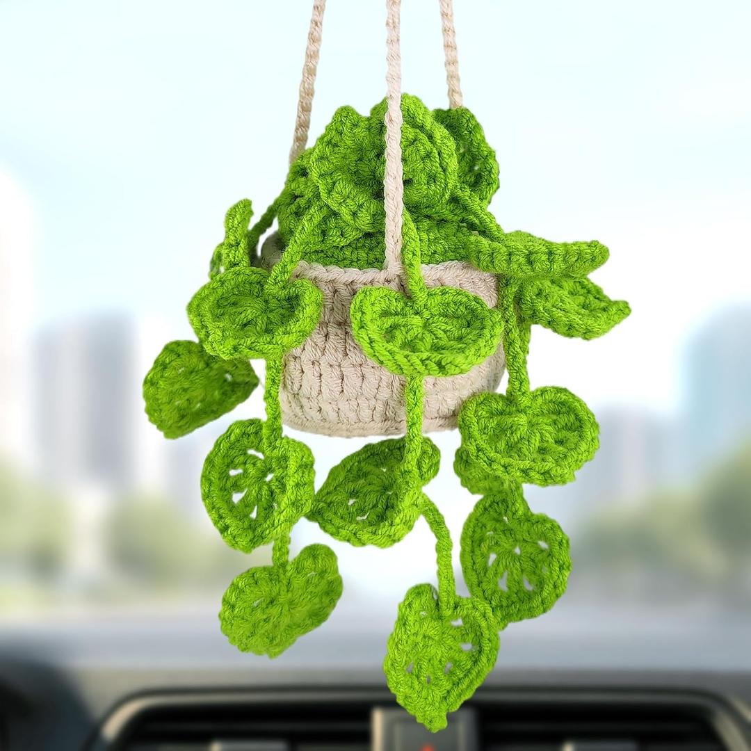 Boho Crochet Plant Hanging Basket for Car Rear View Mirror Decor, Polyester, Light Green, Durable, Handmade, Cute Interior Aesthetic, Gift for Women