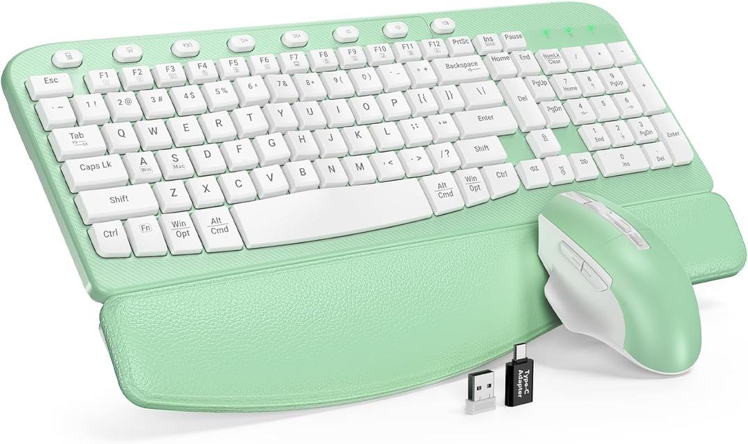 SABLUTE Wireless Keyboard and Mouse Combo, Ergonomic Wave Keys, Cushioned Plam Rest, Comfortable Silent Natural Typing, 2.4G Lag-Free, MA12 Full Size Keyboards Set for Multi-OS, Windows/Mac, Green