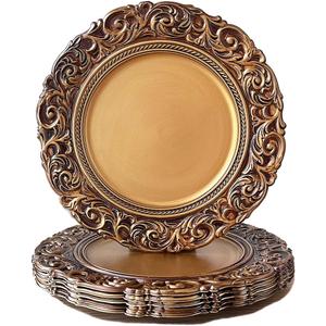 Antique Gold Charger Plates, 13 Inch Dinner Plate Chargers Round Server Ware. Set of 6 Plastic Embossed Charger for Dinner, Wedding, Elegant Tableware Decor
