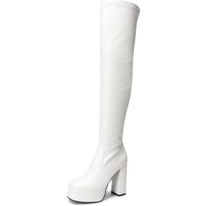 DREAM PAIRS Women's Platform Over The Knee Thigh High Boots Chunky High Heels Square Toe Long Fall Y2K Gogo Boots (7, White)