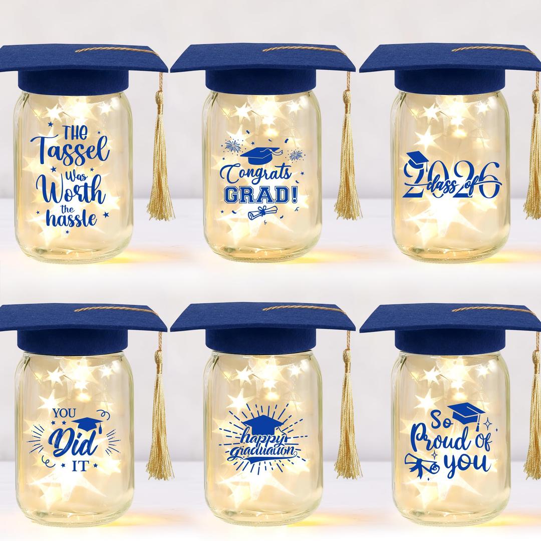 12 Sets 2026 Graduation Centerpieces for Tables, Glowing Mason Jar Centerpieces with Graduation Caps, Glowing Money Jars for College High School Congrats Grad Party Decor Supplies (Blue)