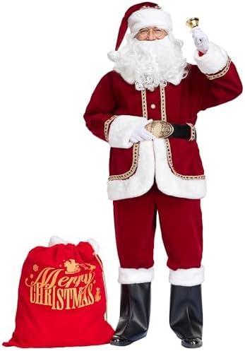 ABALAGU Santa Claus Costume for Men Deluxe 11pcs Adult Professional Santa Suit Christmas Santa Costume Set Size M