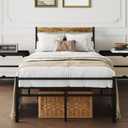 Metal Platform Bed Frame with Headboard, TwinSize 39.0W x 77.7L x 36.2H inches, Wood and Faux Leather, Walnut (Walnut Colour, Twin)