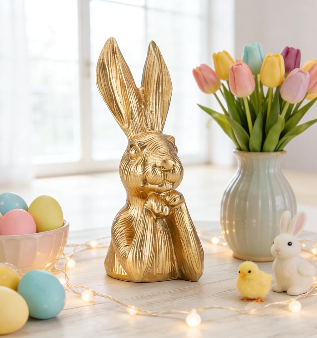 AOMOONOA Gold Bunny Statue, Resin Easter Bunny Figurine, Golden Rabbit Head Bust Sculpture, Thinking Bunnies Head Decor for Table Centerpiece, Indoor Spring Mantel Easter Decor, Gift