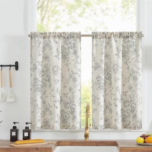 jinchan Floral Linen Tier Curtains Grey Flower on Beige Cafe Curtains 36 Inch Length Kitchen Living Room Bedroom Bathroom Farmhouse Rustic Country Rod Pocket 2 Panels jinchan Floral Linen Tier Curtains Grey Flower on Beige Cafe Curtains 36 Inch Length Kitchen Living Room Bedroom Bathroom Farmhouse Rustic Country Rod Pocket 2 Panels